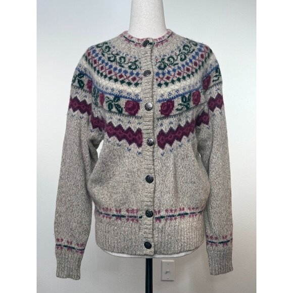 Vintage Eddie Bauer Wool Blend Cardigan Sweater Large Floral Fair Isle Gray Purp - Picture 1 of 5